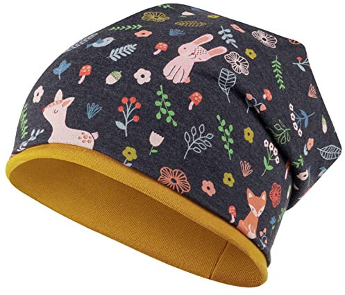 Mädchen Mütze Beanie Übergangsmütze Stoffmütze Zwillinge Waldwiese Einhorn, Größe: 50/52, Farbe: dunkelblau/senfgelb