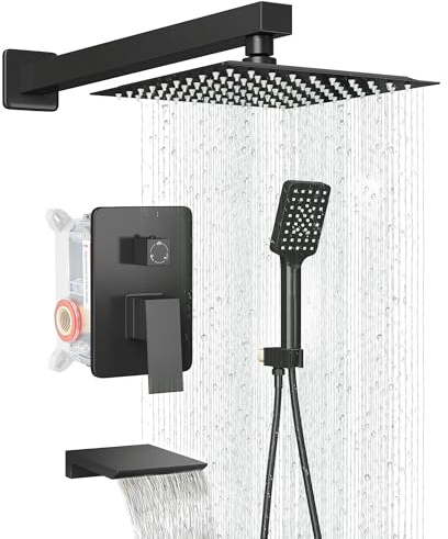 LCEVCGK Shower Faucet Set Complete Matte Black Shower System with 10 inch Square Rainfall Shower Head 3-Function Handheld Shower Waterfall Bathtub Spout Rain Shower Combo Set Bathroom Wall Mounted