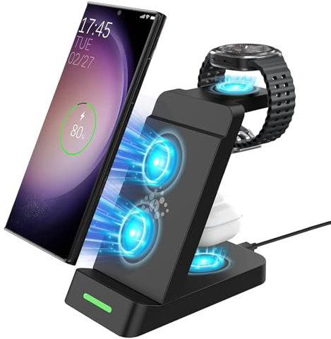 SPGUARD Induktive Ladestation Kompatibel mit Samsung Galaxy Watch 8/7/FE/Ultra/6 Classic,3 in 1 Ladegerät Wireless Charger für Galaxy Z Fold7/Z Flip7/FE/S25 Edge/S25/S25 Ultra/S25+/S24/Buds3(Schwarz)