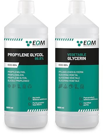 EQM SOLUCIONES QUIMICAS | Pflanzliches Glycerin + Propylenglykol | 1L+1L | 100% biologisch abbaubar | Rein pflanzlich | Hohe Feuchthaltekraft | Ideal für kosmetische Behandlungen | Preisvorteil