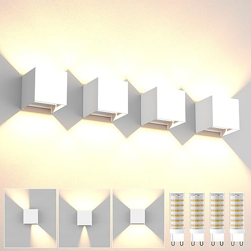 Wandlampe Mit Austauschbarer G9 LED Birne, 4 Stück Wandleuchte Innen/Aussen 9W 500LM 3000K Warmweiß, Aussenleuchte IP65 Wasserdichte Up Down Einstellbarer Abstrahlwinkel Design Wandbeleuchtung - Weiß