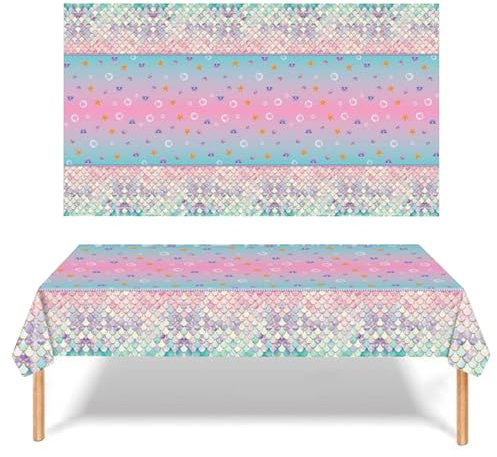 2 Stück Meerjungfrau Tischdecke, Violett PVC Rechteckige Plastik Meerjungfrau Tischover, 137 * 274cm wasserdichte Party Tischtuch Ozean Themen Geburtstags Party Babydusche Hochzeit Dekoration