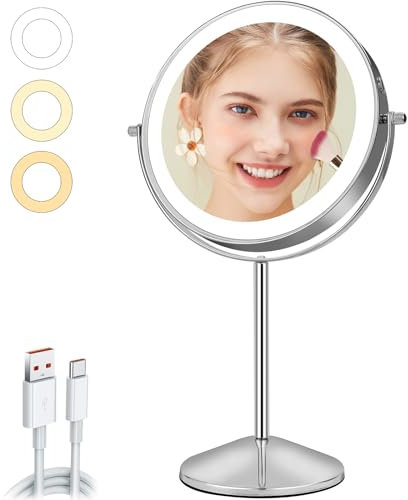 AumVum 8 Zoll Schminkspiegel mit Beleuchtung,1X/10X Kosmetikspiegel, Doppelseitiger Tischspiegel, USB Wiederaufladbar, 3 Lichtfarben & Dimmbar, 360° Drehbar fur Make-up,Rasur und Hautpflege