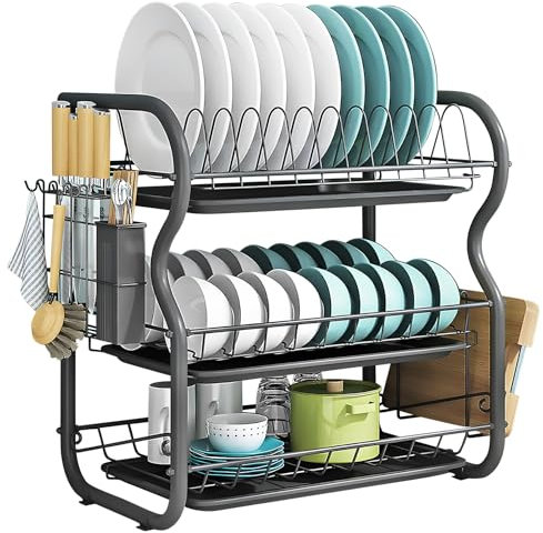 Bibykivn Escurridores para Platos Negro - Escurridor de Platos sobre Fregadero con Soporte para Tabla de Cortar Bandeja de Goteo Cesta De Cubiertos (3 Pisos)