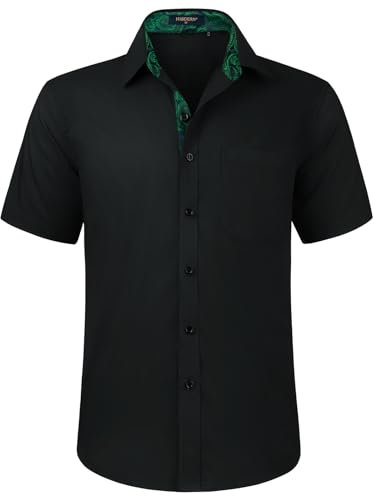 HISDERN Mens Short Sleeve Black Shirt Casual Shirts Business Regular Fit Dress Shirts for Men Non-Iron Stretch Shirt with Pocket,L
