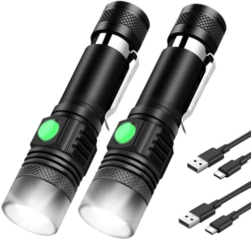 NAKCNM Torch Rechargeable 2 Pack, Small Torches LED Super Bright Flashlight Battery Powered with Pocket Clip, 4 Light Modes, Adjustable Focus, Waterproof High Power for Hiking Caving Walking EDC
