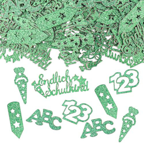 GoldRock Streudeko Einschulung Deko Konfetti Groß, 100 Stk Deko Einschulung Junge Mädchen, Tischdeko Einschulung Grün, Zuckertüte Schultüte 123 Schulanfang Deko, Abc Konfetti Schuleinführung Geschenke