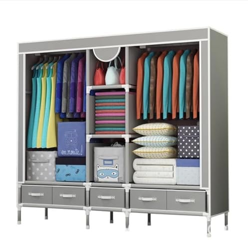 Anmas Power Kleiderschrank,Schlafzimmer Stoffschrank,Kleiderstander mit Schubladen,Faltbar Garderobe mit 2 Kleiderstange
