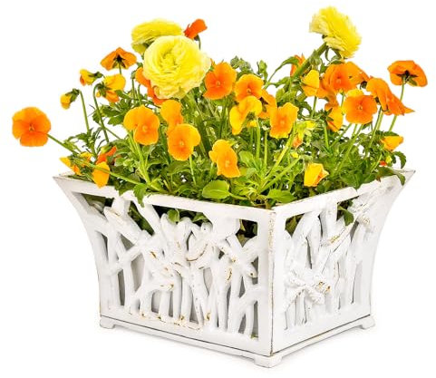 Sungmor Robuster Pflanzkorb aus Gusseisen mit Vlies-Pflanztasche, einzigartige Form und schönes Muster-Design, hohler Orchideen-Blumentopf, Gartengeräte, rostweiß, französische Landhausdekor-Behälter