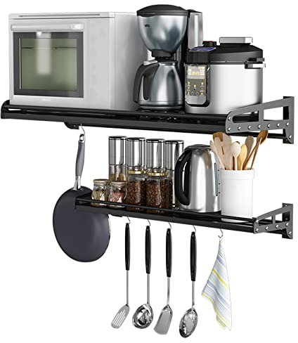 XYMJT Soporte de Montaje para microondas de Acero Inoxidable, Soporte de Cocina montado en la Pared, 6 estantes para ollas Colgantes, Soporte para Horno, Organizador de Almacenamiento co