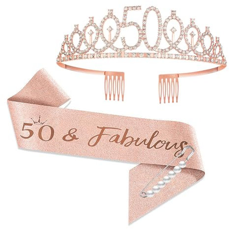 YongHang 50 Geburtstag frau Deko Schärpe und Tiara Rose Gold 50. Geburtstag Geschenke Krone für Birthday Party Dekorationen Geschenk zum 50 geburtstag frauen