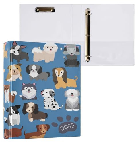 ALAZA Ordner mit 3 Ringen, Motiv: Mops, Hundepfotenabdruck, 3,8 cm, mit Klemmbrett, runde Ringe, hält 200 Blatt, für Schule, Büro, 2 Stück