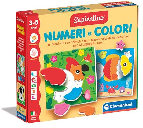 Clementoni Sapientino – Lógica con números y colores, juego educativo para niños de 3 a 5 años con rompecabezas de encastre para reconocer cifras y colores, fabricado en Italia, idioma italiano, 16871