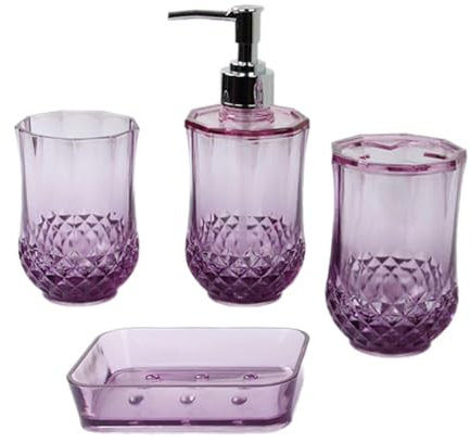 DimyFew 4 Pezzi Portaspazzolino Dispenser per Lozione Custodia Premium Moderna Tazza per Collutorio Set di Accessori da Bagno per Hotel, Viola
