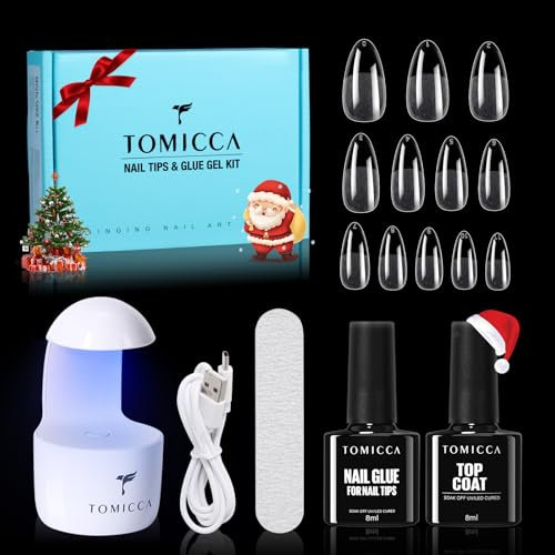 TOMICCA Nail Tips and Glue Gel Kit, Nail Extension Set Top Coat und 6 in 1 nagelkleber für kunstnägel, 240PCS Mittel Mandel Soft Gel Full Cover Nail Tips Mini UV Lampe Für Nägel
