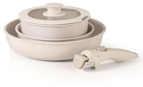Winkeabuy Juego de 5 ollas y sartenes antiadherentes, juego de utensilios de cocina con mango extraíble, juego de cocina con asas extraíbles, ollas apilables para camping, listo para inducción