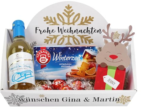 Kleiner Geschenkkorb zu Weihnachten gefüllt mit Tee, Glühwein und Schokolade (Weißwein - Schneeflocke)
