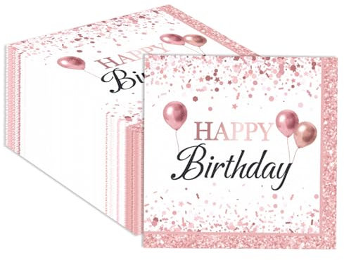 40 Stück Rosegold Servietten,33x33cm Happy Birthday Rosegold Servietten Geburtstags servietten für Kinder Mädchen Junge Frau Mann Geburtstag Tischdeko