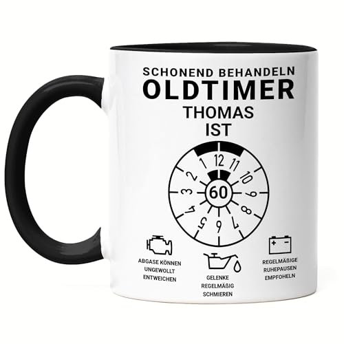 Kiddle-Design Personalisierte Tasse 60. Geburtstag, Schonend behandeln Oldtimer ist 60, 60ter Geburtstag Lustiges Geschenk Frau Mann, Tasse Schwarz