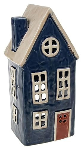 Lichthaus | Teelichthaus | Lichterhaus | Teelichthalter | Kerzenhalter | Keramik (Dunkelblau/Grau 24x11x9 cm)