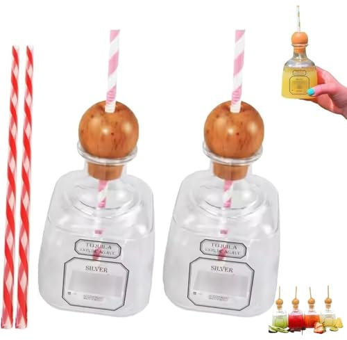 Patron Reusable Cups with Straw, Mini Empty Tequila Bottles Bottle Empty for Drinks, 13oz Acrylic Plastic Tequila Plastic Bottles for Champagne, Wine, Alcohol, Party Favors, Wedding 375ml(2pc)