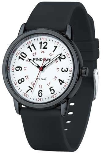 PINDOWS Armbanduhr für Damen, gut lesbare Analoguhr mit Leuchtzifferblatt | Für Pflegekräfte: 12/24-Stunden-Skala, roter Sekundenzeiger, 3 ATM, Schnellwechsel-Silikonarmband, 38-mm-Gehäuse