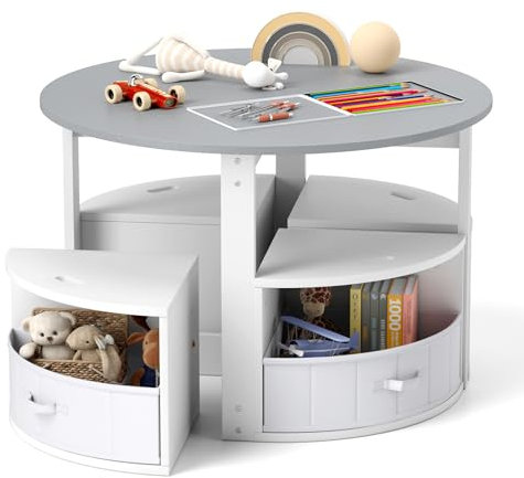 COSTWAY Kids Table and Chairs Set, 5 Pieces Toddler Activity Furniture with 4 Storage Stools, 4 Fabric Drawers, Wooden Round Table and Chair Set for Art, Read, Craft, Eat (Grey+White)