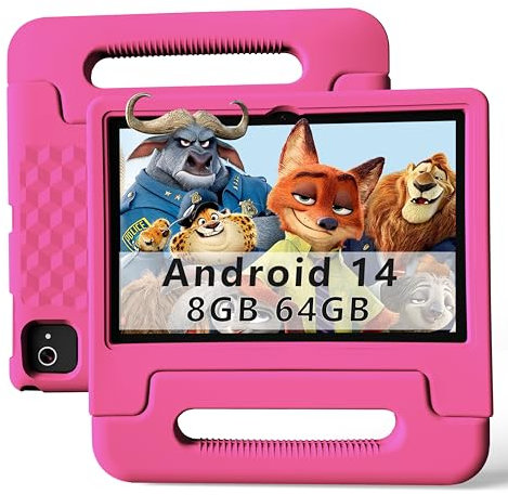VCFNXLS 10.1-Inch Kids Tablet, 8GB+64GB, Android 14, 8-Core CPU, Educational Apps, Parental Controls, WiFi, 1280x800 HD Display, Cameras, Shockproof, Long Battery Life (Pink)