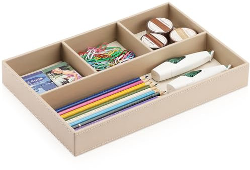KINGFOM 4-Slot Leather Drawer Tray Desk Stationery Sundries Organizer Storage Box Pen Pencil Holder Case Container (Dark Beige)