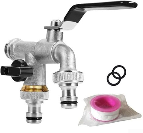 Doppelter Gartenhahn mit 1,27 cm Messingwasserhahn, 2 x Auslass-Kugelhahn für den Außenbereich (schwarz)