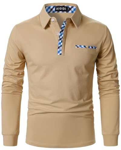 AIOIDI Coton Hommes Treillis Polo Manches Longues Casual Golf T-Shirts