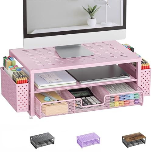Pygocereri Monitorständer, Schreibtisch Organizer mit Schublade und 2 Stifthaltern, Monitor Erhöhung für Bildschirm und Laptop, ergonomischer Desktop Ständer für Büro Zubehör (Rosa)