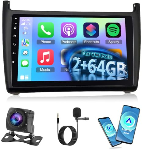 NHOPEEW 2G+64G Android Car Radio para VW Polo 6R 2009-2017 - Wireless Carplay & Android Auto - 9 Pulgadas Stereo con WiFi EQ GPS Mirror Link FM RDS + AHD Cámara de visión Trasera&Mic