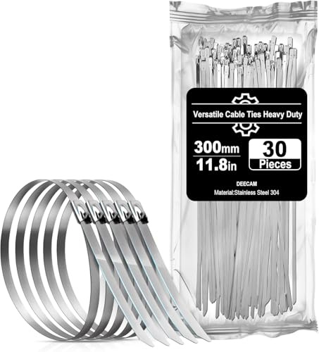 Stainless Steel Cable Ties, Deecam 30 Pcs 7.9×300mm Metal Cable Tie, 304 Stainless Zip Ties with Steel Ball Stopper, Suitable for Exhaust Wrapping, Binding Tie, Garden Repair and Fixed Fence(30 Pcs)