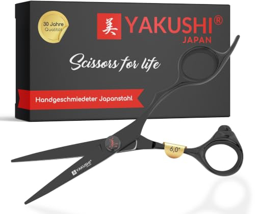 YAKUSHI CHAMEO BLACK V2 Haarschneideschere 6,0'' I Special-Line I Schere aus Titanium Japanstahl mit Titan-Legierung I Rasiermesserscharfe Friseurschere mit Flachschraube & integriertem Fingerhalter