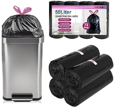 KITBEST 50L Bin Liners, Drawstring Refuse Sacks, 72 Bags, Plastic, Black | Pre-separated, 50 Litre Thick Recycled Rubbish Bag for Office Kitchen Trash, Tie Handle, Leak-Proof, Unsented, Large, 60x70cm