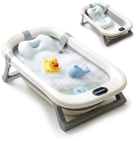 Relaxdays Babybadewanne faltbar, mit weichem Kissen, Babywanne, creme/grau | bis 30 kg, HBT: 20x78x50 cm, Badewanne, PP