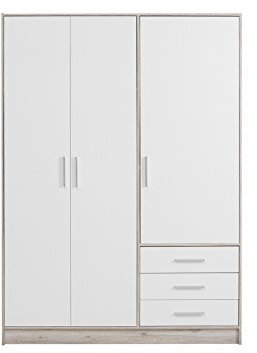 FORTE Jupiter Schrank 140 150, Kleiderschrank, Drehtürenschrank, 3-türig, mit 3 Schubladen und Einlegeböden, Weiß mit Holz Dekor: Sandeiche, 145 cm breit x 60 cm tief x 200 cm hoch
