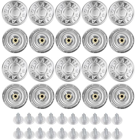 Hosen Ersatz Knöpfe zum Vernieten, Ø 20 mm Messing Jeansknöpfe, 20 Pack, Silber-farben, Jeans Knöpfe mit Nieten, Jeans Knopf zum Einschlagen, Metall Hosenknopf, Hose weiter machen, Hosenknöpfe Metall