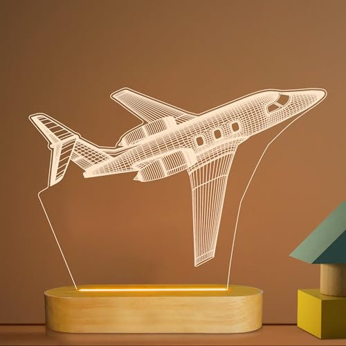 Flugzeug Nachtlicht 3D Illusion Lampe,Weiche warme Farben Holz Tischlampe für Jungen Pilotengeschenke mit USB Strom…