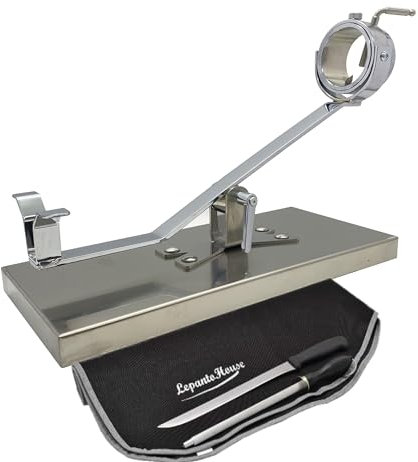FERRETERIA LEPANTO Jamonero Inoxidable basculante y Giratorio, Soporte para Jamon, Jamonero Giratorio + Set de Corte con Cuchillo jamonero, chaira y Cubre Jamon (Base Inoxidable)