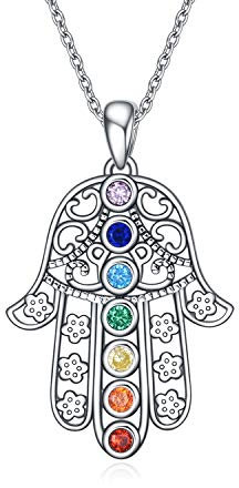 YAFEINI Chakra Kette Silber 925 Hamsa Hand Anhänger Halskette Chakra Schmuck Damen
