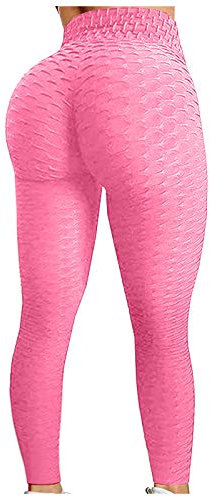Leggings Femme Sport Taille Haute Couleur Unie avec Poche Pantalon Elastique Sexy Pas Cher Mode Slim Gym Yoga Fitness Pants (S, Rose)