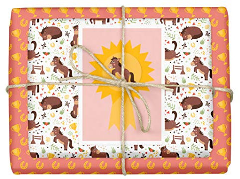 dabelino® GeschenkpapierPferdemotiv/Pony/Reiten für Kinder-Geburtstag (Mädchen), Set: 4x Bögen + 1x Karte (Öko Recycling-Papier nachhaltig)