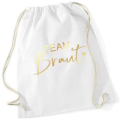 Miss Lovely JGA Turnbeutel Rucksack TEAM BRAUT Stofftasche mit Herz für Junggesellenabschied Bride Crew Farben weiß & gold Baumwolle Maße 37 x 46cm