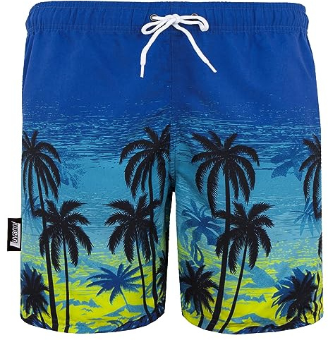 Luvanni Badehose für Herren Schnelltrocknende Badeshorts 439 mit Kordelzug Beachshorts Boardshorts Schwimmhose Männer mit Muster Blautöne Palmen Beach Sonnenuntergang Blau Schwarz 4XL