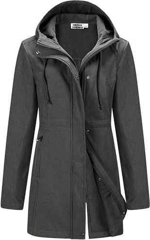 Outdoor Ventures Womens Waterproof Softshell Jacket Long Hooded Windbreaker | Fleece lined, Windproof, 2-Way Zipper, 4 Pockets, Adjustable Waist, Warm, Breathable, for Outdoor Hiking Walking
