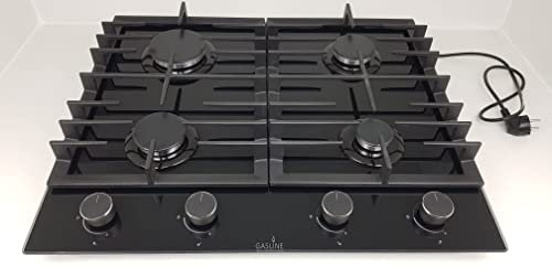 Gasline Einbau Gasherd, 4 flammig, Gaskochfeld, Glaskeramik GAG60GLG Schwarz, Sabaf-Brenner, Erdgas/Propangas, Elektrische 1-Handzündung, Thermoelektrische Zündsicherung