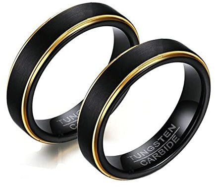 Daesar Eheringe Paar Wolframcarbid, Verlobungsringe mit Gravur Partnerringe für 2, 5MM Schwarz Matt Ringe mit Gold Band Damen Gr.52 (16.6) & Herren Gr.67 (21.3)