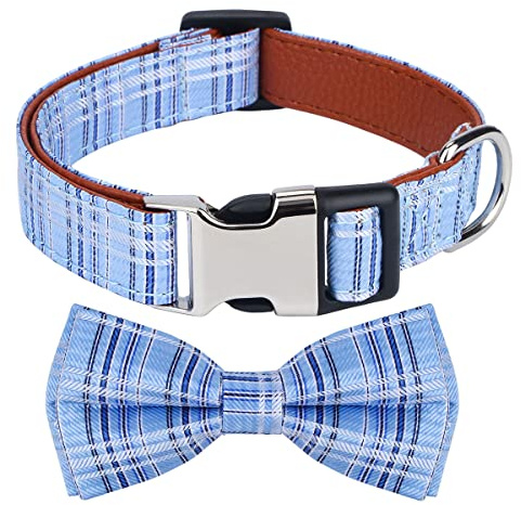 Rhea Rose Hundehalsband mit Fliege für Mädchen oder Jungen Geschenk Weiche dauerhafte Fliege Blau Tartan Plaid mittel